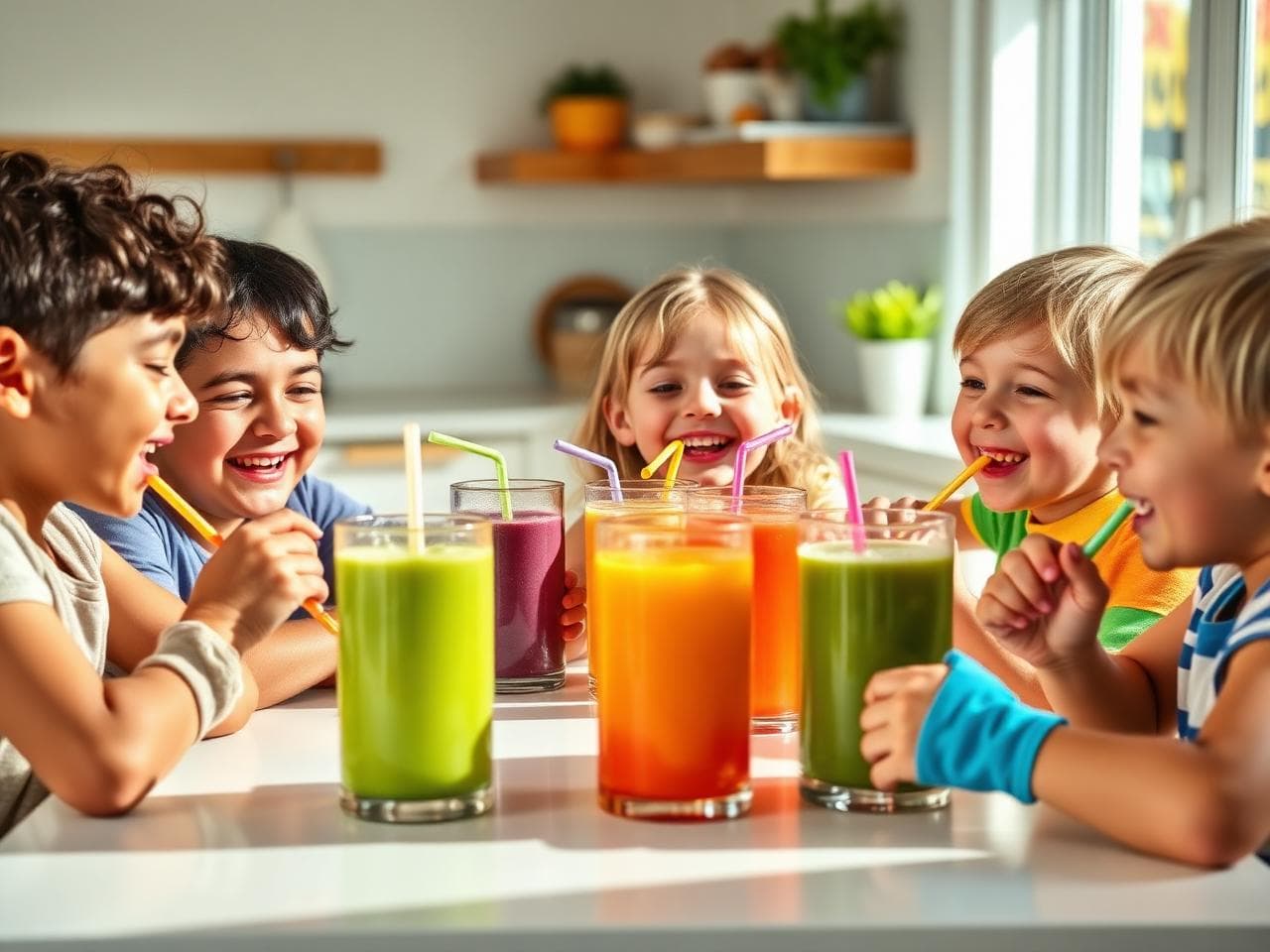 Happy diverse children laughing at a kitchen table drinking colorful smoothies