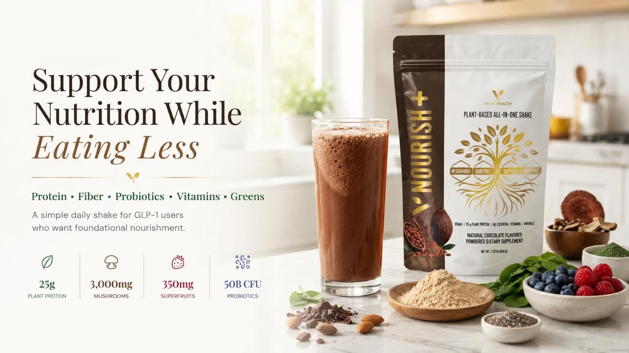 Nourish plant-based all-in-one shake with chocolate shake, berries, greens, and nutrition callouts