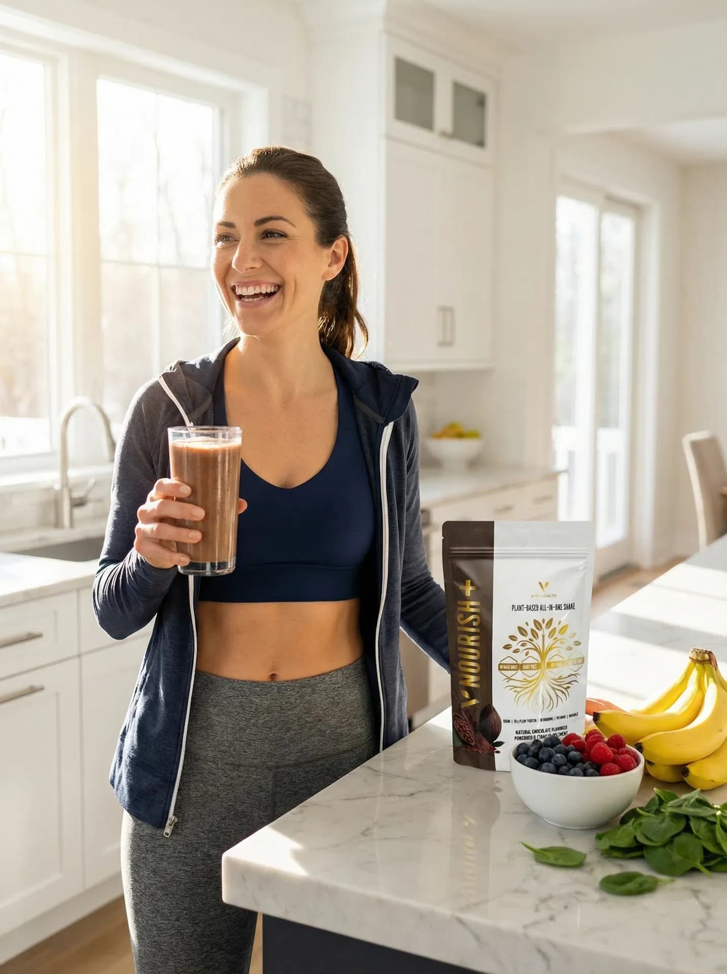 Chocolate Nourish shake and plant-based ingredients