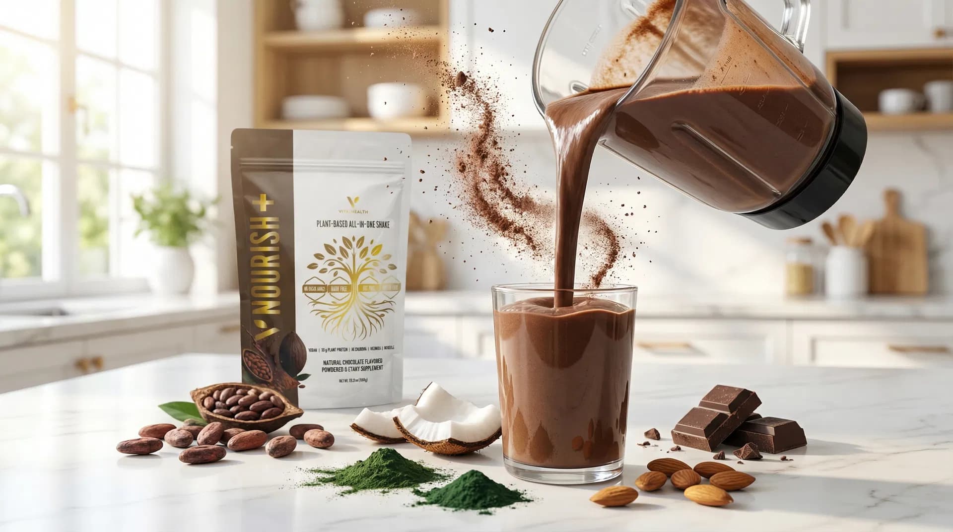 Chocolate Nourish shake being poured